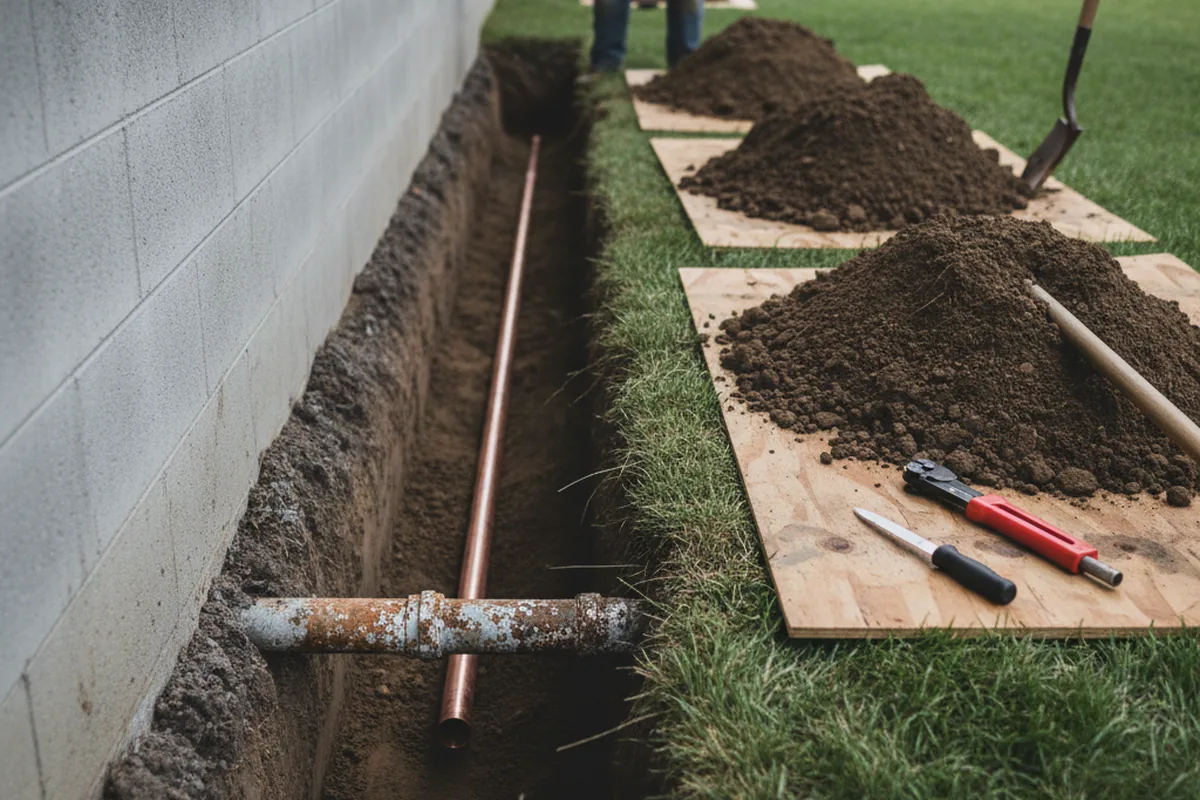 Excavated water line trench during Sewer Line Repair in Melfa